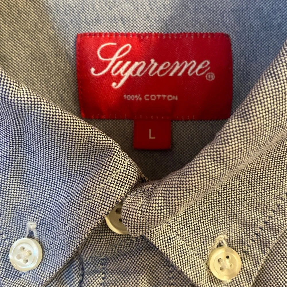 Supreme Light Blue Denim Button-Down Shirt — Red Logo — Men’s Large - Picture 6 of 12